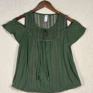 No Boundaries Olive Green Cold Shoulder Crochet Lace Boho Top M 7-9 NI27T294M